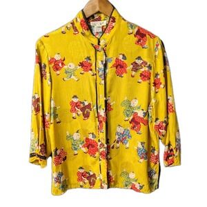 Citron Santa Monica Blouse Tunic Top Womens Yellow Silk  Graphics Artsy Charming